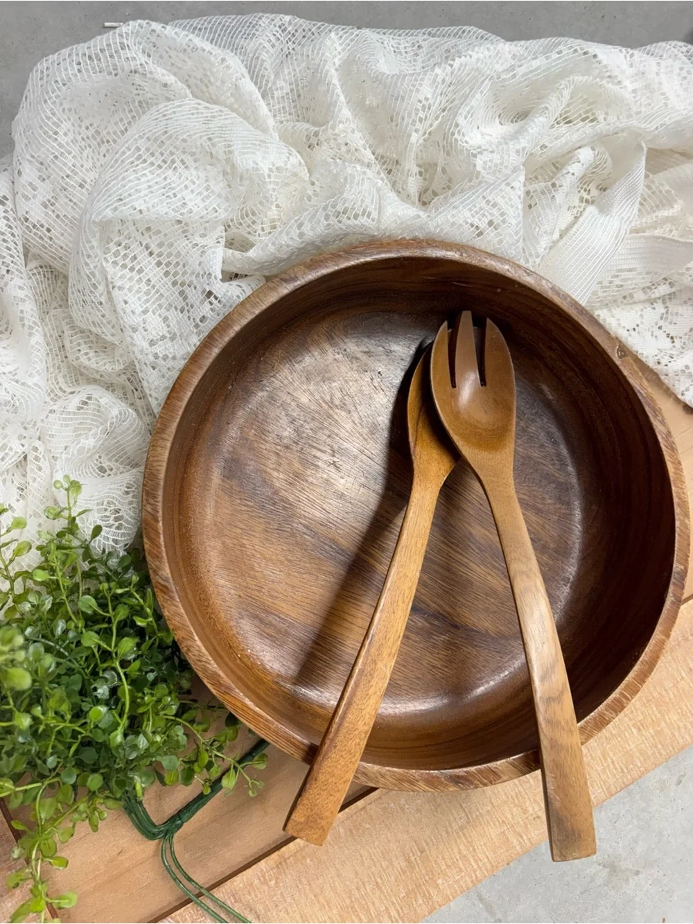 Handcrafted Wooden Salad Bowl with Servers - Brown